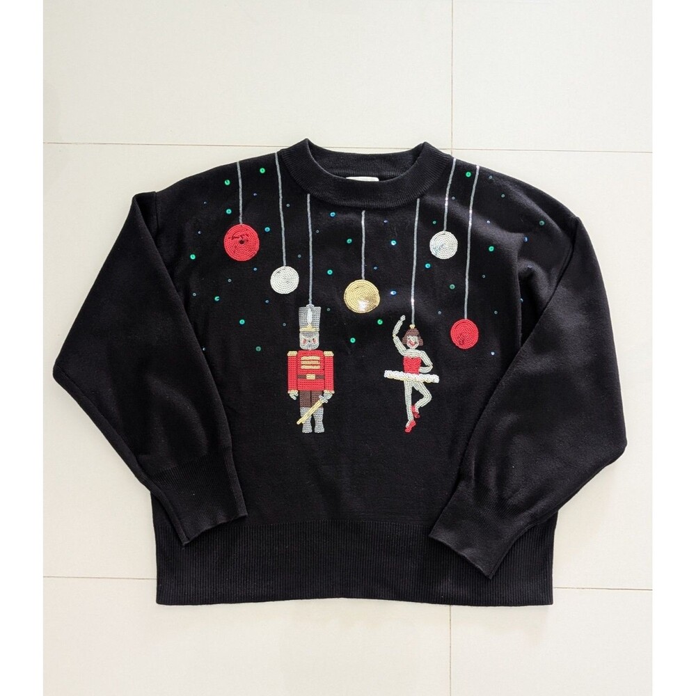 Topshop Sweater Women 8-10 Black Knitted Christmas Nutcracker Sequin